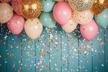 Cheerful Colorful Balloons and Confetti Decorating a Blue Background for Celebration and Party Themes