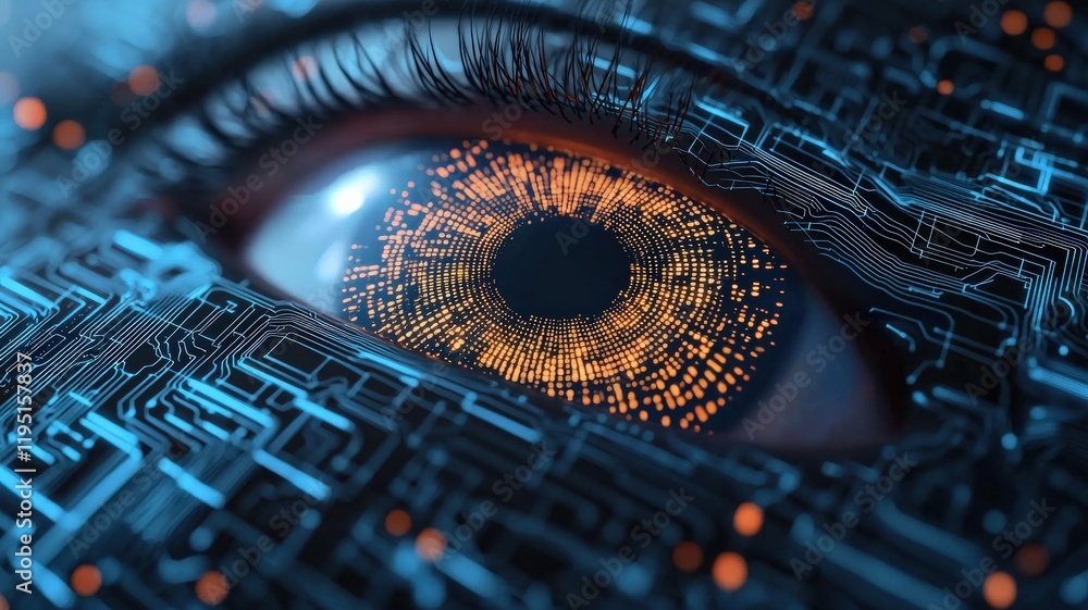Poster smart security biometrics solutions concept. a close-up of a futuristic eye with glowing circuitry, 