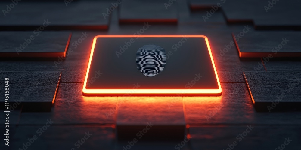 Poster smart security biometrics solutions concept. glowing square with a lion emblem on a textured surface