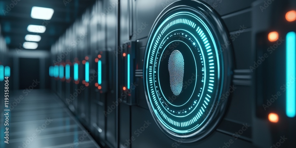 Poster smart security biometrics solutions concept. futuristic server room with intricate technology and gl
