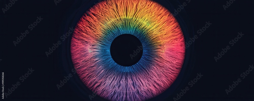Poster smart security biometrics solutions concept. vibrant rainbow-colored iris with intricate patterns on