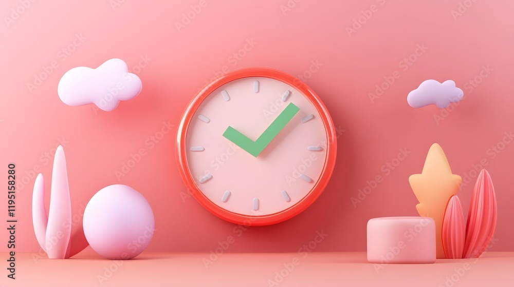 Aufkleber minimal orange clock with green checkmark on soft coral background symbolizing time management