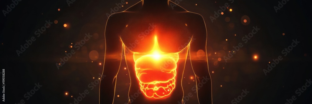Poster Glowing human torso with intense red focal point illuminating the stomach region in a dark environment. Generative AI