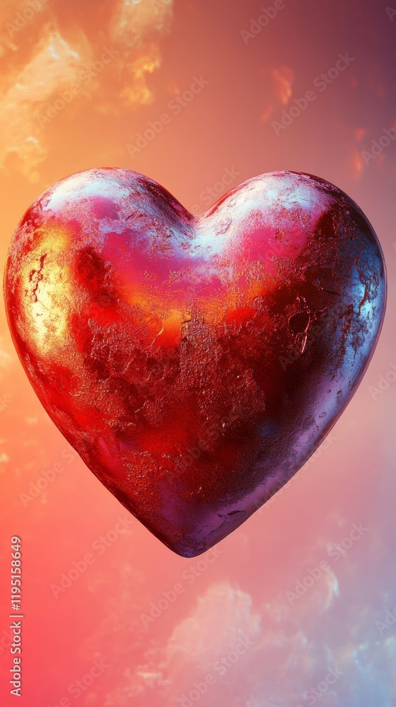 Poster a glossy 3d red heart with intricate textures, set against a soft gradient background, ample space f