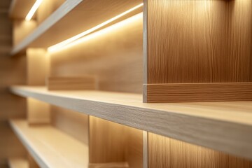 Modern oak shelving with integrated LED lighting creates a warm glow and showcases fine wood grain detail