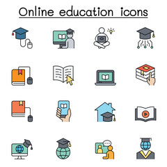 Online education icons set in thin line style