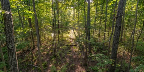 Naklejka premium A serene forest scene with sunlight filtering through lush green trees, creating a peaceful atmosphere.
