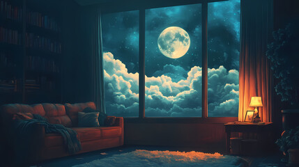 Cloud-lit living room: serene night scene. Cloudlit. Illustration