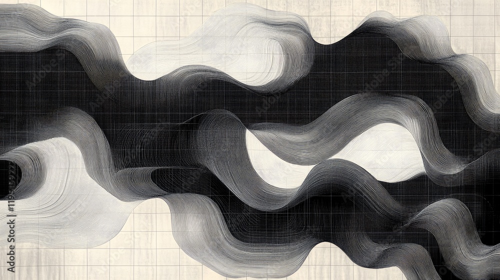 Poster abstract black and white waves with flowing curves and patterns