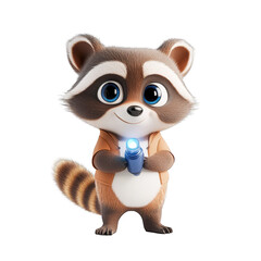 Fototapeta premium Adventurous raccoon character holding a flashlight in a playful animated scene