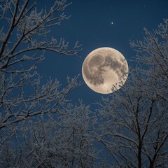 Fototapeta premium A soft winter moon with delicate snowflakes in the foreground.