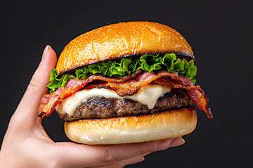 The burger with juicy beef, crispy bacon, and the creamy aioli sauce isolated on black background