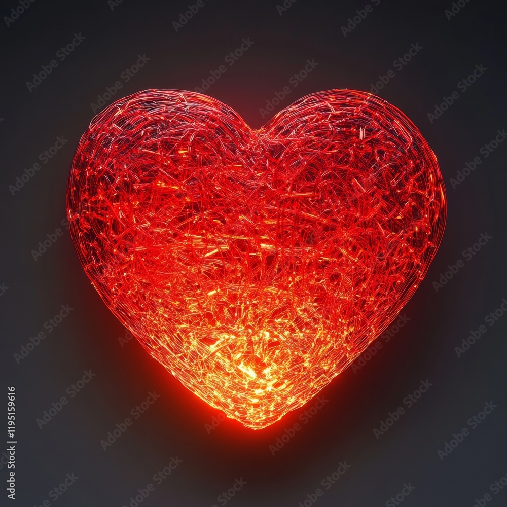 Poster a glowing 3d red heart made of light, isolated with lots of space for customization