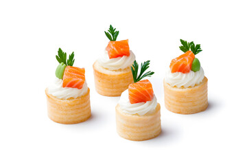 Canapes with red salmon and cream cheese isolated on white background