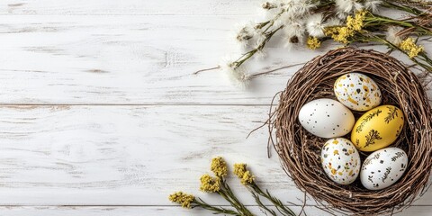 Easter themed flat lay with a nest of four painted eggs in white and yellow surrounded by willow flowers and dandelions on a weathered wood background