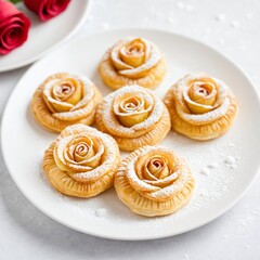 Valentine's day Delicate puff pastries shaped like roses, filled with apple slices and dusted with powdered sugar