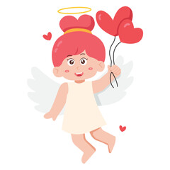 Cute cupid character holding heart balloons. ideal for Valentines Day designs, spiritual concepts, and greeting cards