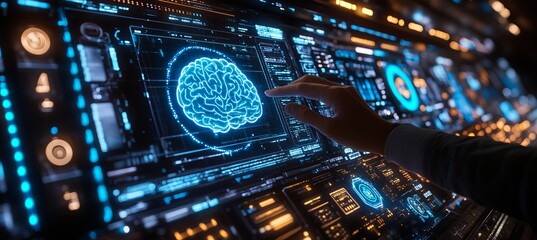 Hand Interacts With Futuristic Holographic Display Of Human Brain, Technology Concept.