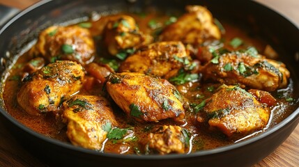 Tasty chicken curry in a pan with wooden spices 