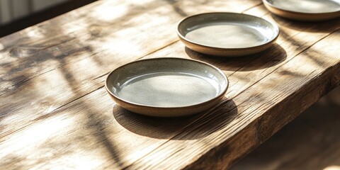 Ceramic plates on a rustic wooden table with warm lighting and shadows, three plates arranged in a row with space for text above.