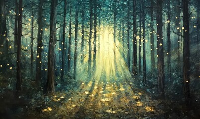 Fototapeta premium Sunlit forest path, glowing orbs, ethereal ambiance.