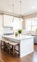 Bright and Modern Kitchen Interior with White Cabinets, Marble Countertop, and Stylish Bar Stools