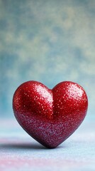 Fototapeta premium A shiny 3D red heart with sparkling glitter, placed on a pastel surface, with space for text