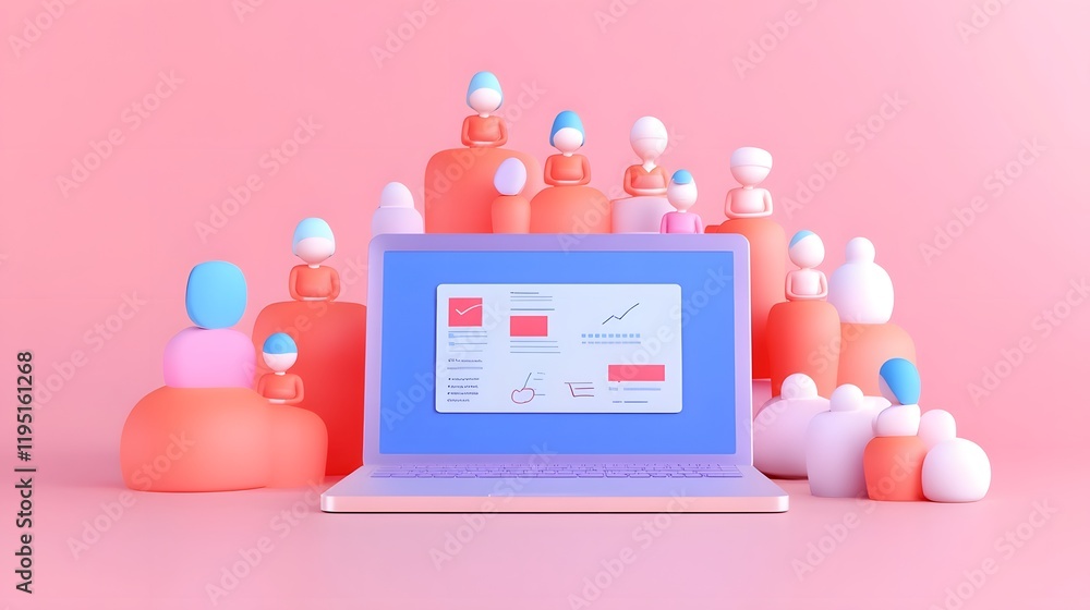 Poster minimal simple laptop screen with team performance report on clean desk