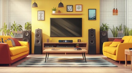 Cozy Living Room Interior with Yellow Accents, Modern Furniture, Decorative Plants, and Contemporary Technology in Bright and Welcoming Atmosphere