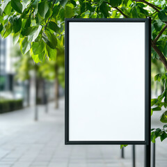 A blank signpost surrounded by lush greenery, ideal for displaying advertisements or directions in an urban environment.