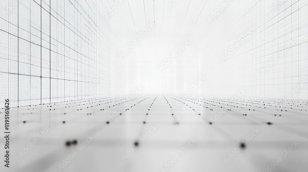 Poster abstract minimalist digital grid with dark dots on a white surface perspective