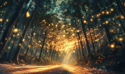 Enchanted forest path, glowing lights, magical scene.
