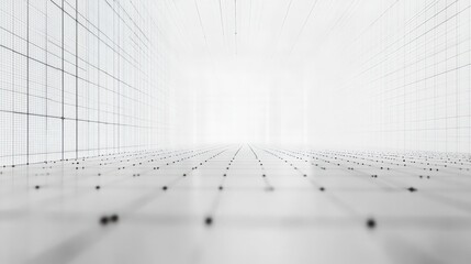 Abstract minimalist digital grid with dark dots on a white surface perspective