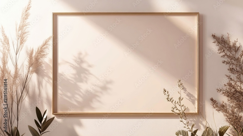 Poster elegant empty frame surrounded by soft natural elements