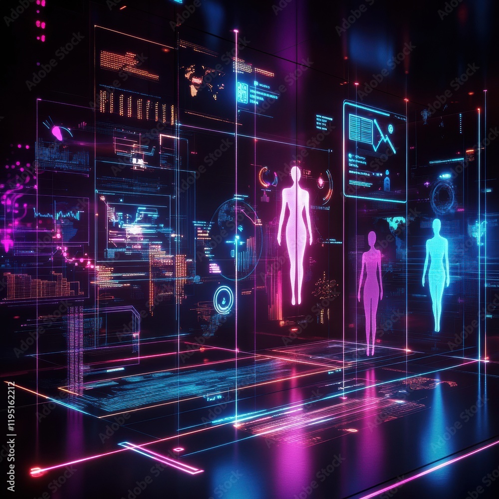 Poster Digital avatars interact in a high tech workspace illuminated by vibrant colors and display screens showcasing data analytics. Generative AI
