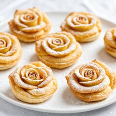 Fototapeta premium Valentine's day Delicate puff pastries shaped like roses, filled with apple slices and dusted with powdered sugar