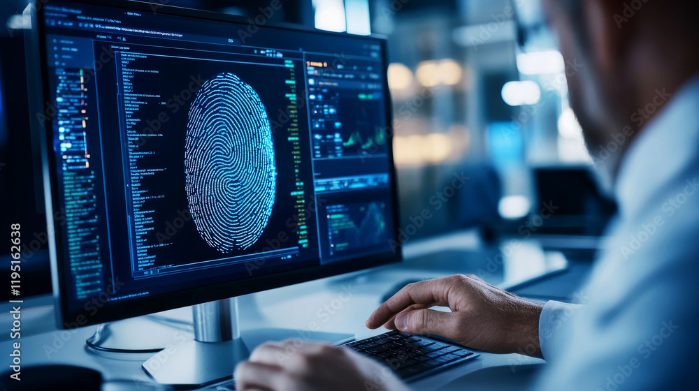 Poster forensic expert analyzing fingerprint data in a modern office environment for digital investigation 