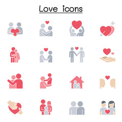 Fototapeta premium Set of love line icons. contains such Icons as, hug, friendship, family, romantic, marriage, heart, support, care and more.