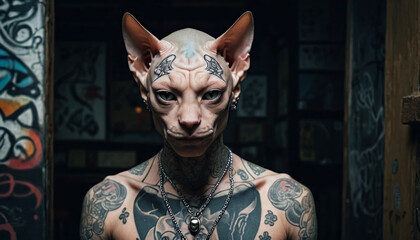 Portrait of a tattooed and pierced boy with a Sphynx cat, blending dark fantasy, conceptual art, and cinematic fashion influences. Generative AI