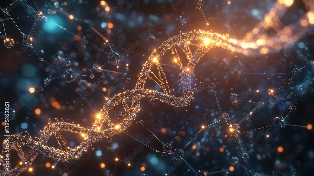 Leinwandbilder Glowing DNA double helix illuminated by molecular connections in a vibrant abstract environment. Generative AI
