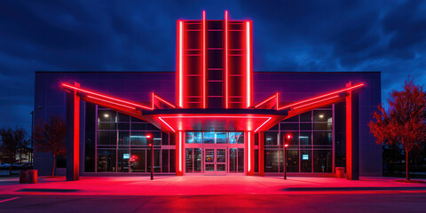 Building exterior of city cinema movie theatre at night with red lights