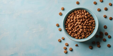Dry dog food in a light blue bowl on a soft blue surface surrounded by scattered kibble creating a flat lay composition suitable for text overlay