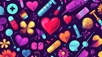 Colorful Heart and Health Icons Pattern on Dark Background
