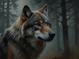 Obraz premium A hauntingly beautiful depiction of a wolf in a forest.
