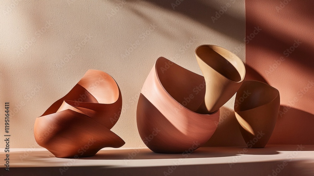 Poster The composition features fluid, organic shapes in varying tones of mocha mousse, illuminated by gentle light that accentuates their sculptural essence. The interaction of forms captivates the viewer