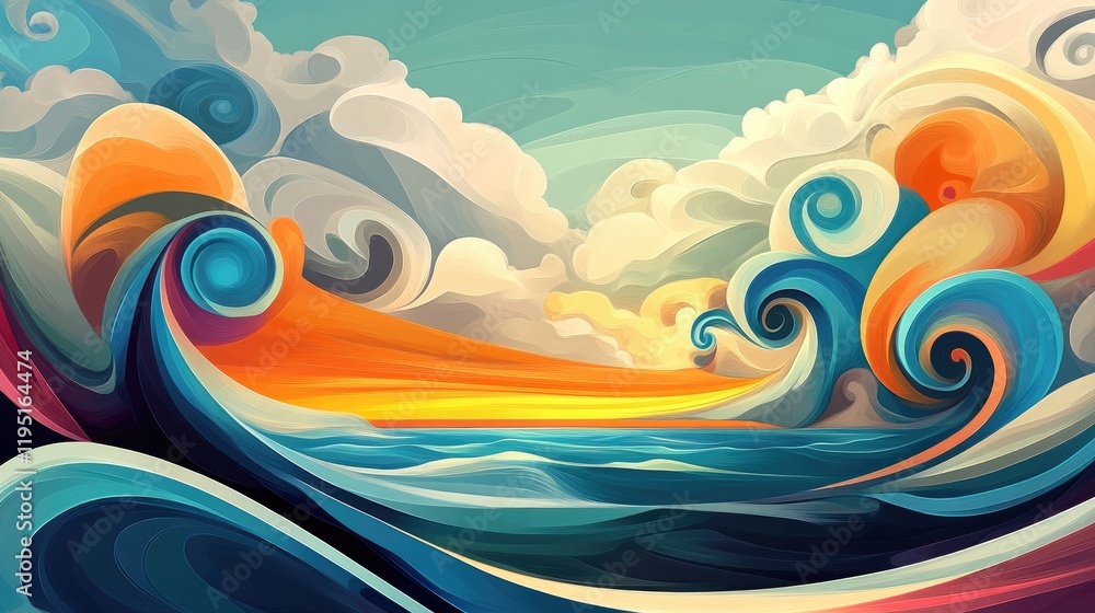 Poster colorful abstract waves and sky with swirls and dynamic movement