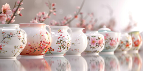 Floral-Decorated Porcelain Vessels on Reflective Surface