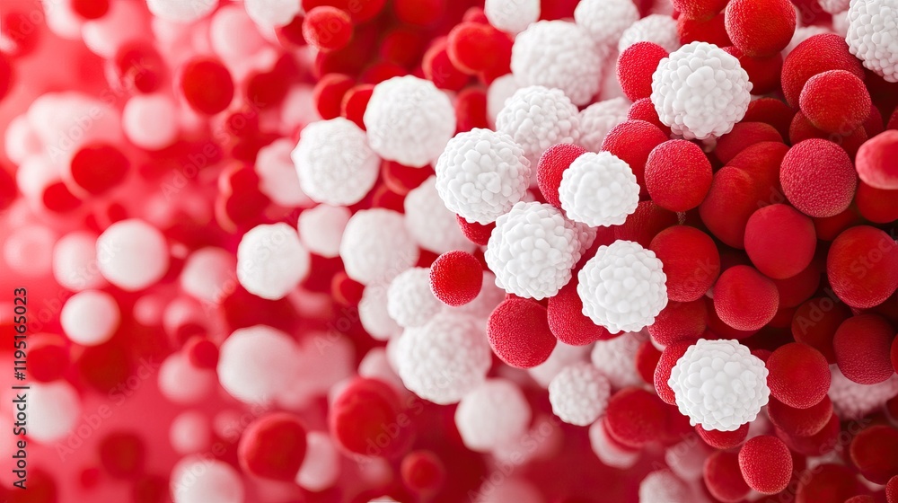 Aufkleber a close-up of vibrant red and white spherical structures resembling cells, highlighting intricate de