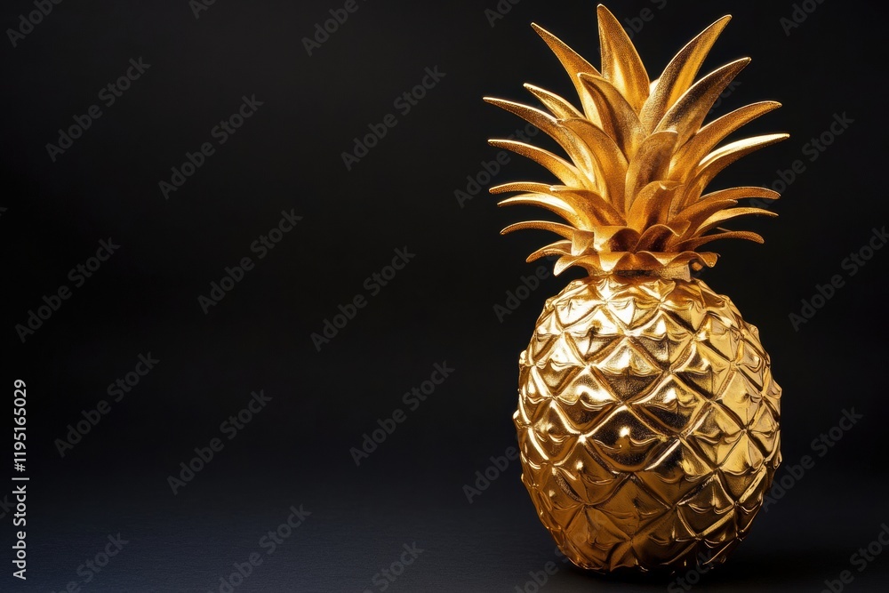 Poster luxurious golden pineapple shines against a dark background showcasing elegant design and opulence. 