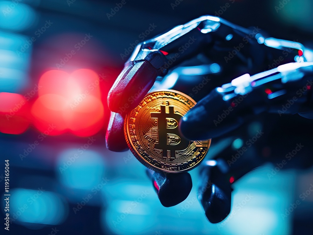 Aufkleber a robotic hand holds a bitcoin against a backdrop of digital data, symbolizing the intersection of t